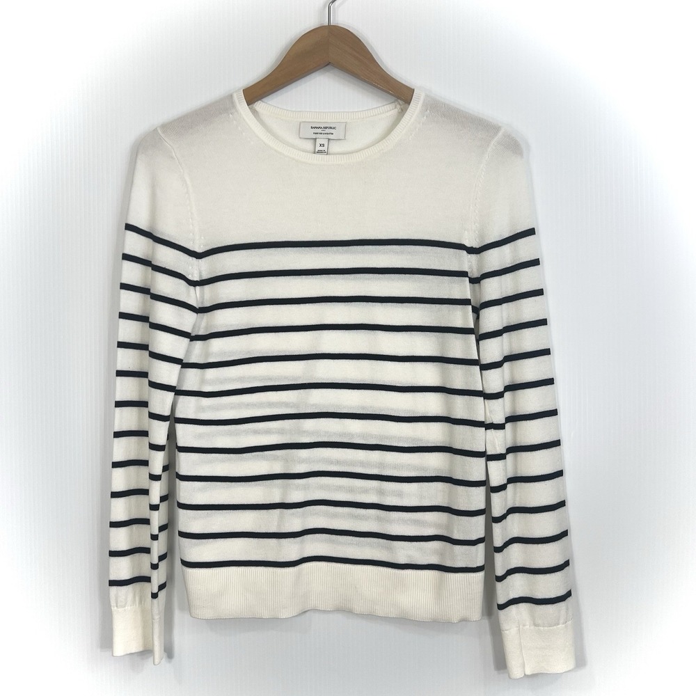 Banana Republic Forever Striped Sweater Womens Size XS White Black Cotton Crew - Picture 3 of 10